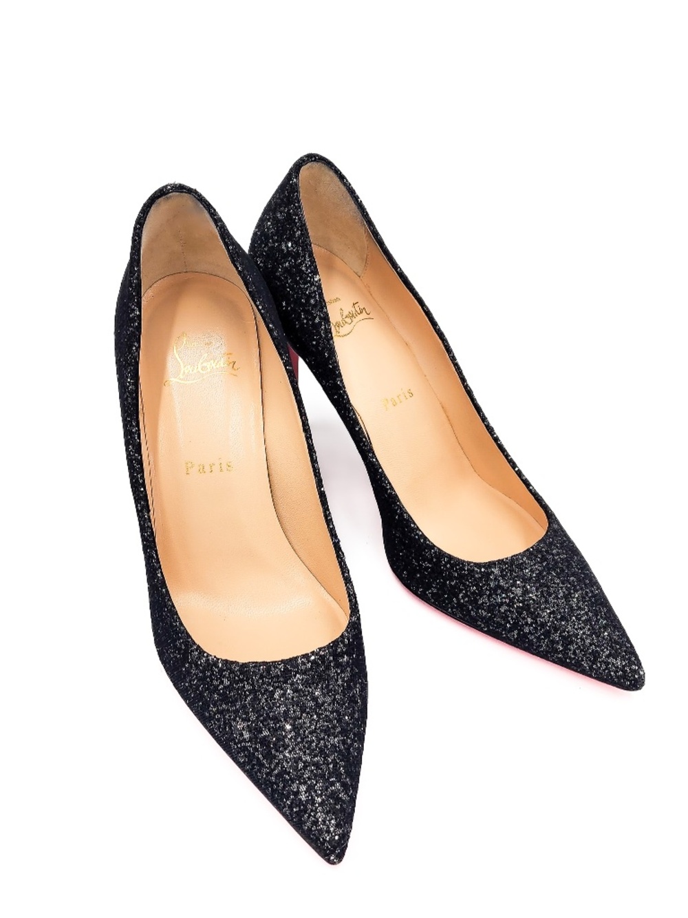 Christian Louboutin Black Glitter Mesh Pointed-Toe Pumps Heels EU 38